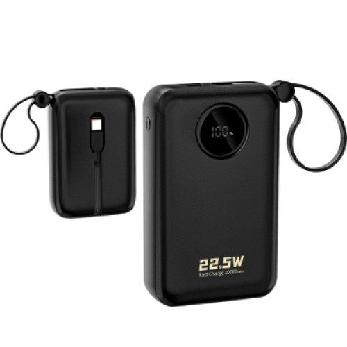 Батарея универсальная Dudao 20000mAh K14+ 22.5W, PD, QC, USB-A, USB-C(In/Out), with built-in USB-C/Lightning cables, Black (6977196680016)