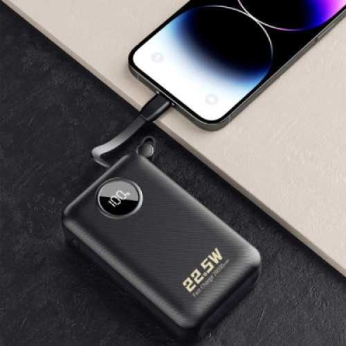 Батарея универсальная Dudao 20000mAh K14+ 22.5W, PD, QC, USB-A, USB-C(In/Out), with built-in USB-C/Lightning cables, Black (6977196680016)