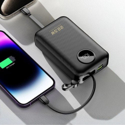 Батарея универсальная Dudao 20000mAh K14+ 22.5W, PD, QC, USB-A, USB-C(In/Out), with built-in USB-C/Lightning cables, Black (6977196680016)