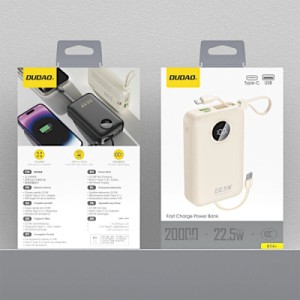 Батарея універсальна Dudao 20000mAh K14+ 22.5W, PD, QC, USB-A, USB-C(In/Out), with built-in USB-C/Lightning cables, White (6977196680023)