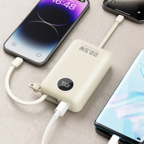 Батарея универсальная Dudao 20000mAh K14+ 22.5W, PD, QC, USB-A, USB-C(In/Out), with built-in USB-C/Lightning cables, White (6977196680023)