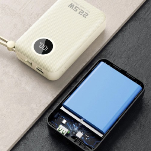 Батарея универсальная Dudao 20000mAh K14+ 22.5W, PD, QC, USB-A, USB-C(In/Out), with built-in USB-C/Lightning cables, White (6977196680023)