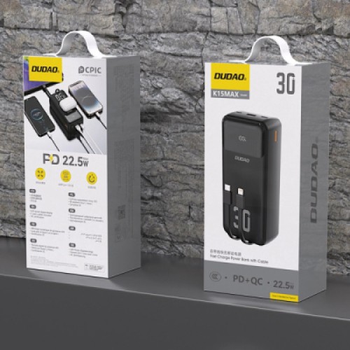 Батарея универсальная Dudao 30000mAh K15 MAX 22.5W, PD, QC, USB-A, Lightning, USB-C(In/Out), with USB-C/Lightning cables (6977196682478)