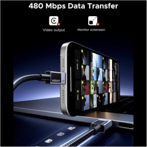 Дата кабель USB-C to USB-C 1.0m PD60W 3A braided L524 gray Ugreen (55765)