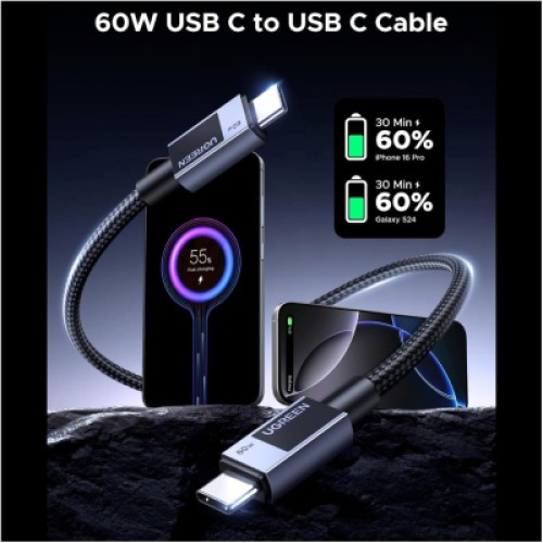 Дата кабель USB-C to USB-C 3.0m PD60W 3A braided L524 gray Ugreen (55776) Дата кабель USB-C to USB-C 3.0m PD60W 3A braided L524 gray Ugreen (55776)