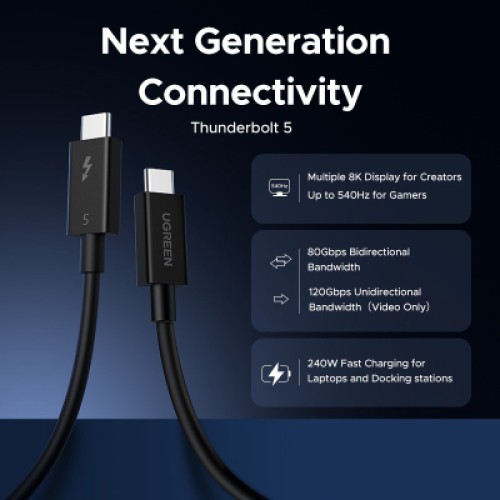 Дата кабель USB-C to USB-C 1.0m Thunderbolt 5 240W 5A 120Gbps 16/8/4K L703 black Ugreen (45996) Дата кабель USB-C to USB-C 1.0m Thunderbolt 5 240W 5A 120Gbps 16/8/4K L703 black Ugreen (45996)