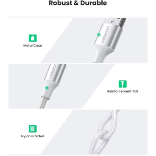 Дата кабель USB 2.0 AM to USB-C 0.25m 3A braided US288 white Ugreen (60129)