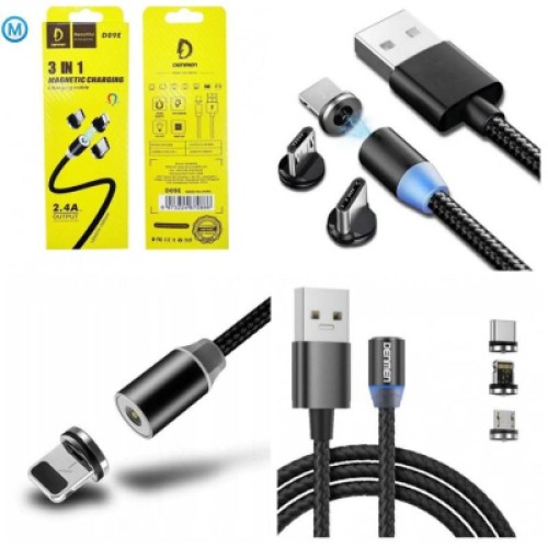 Дата кабель USB 2.0 AM to Lightning + Micro 5P + Type-C magnetic black Denmen (DN-D09E-BK)