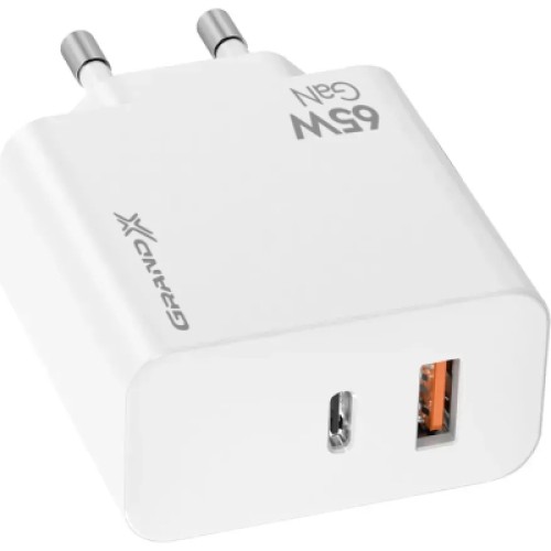 Зарядное устройство Grand-X GaN 1xUSB-C + 1xUSB 65W PD3.0 QC4.0 AFC SCP FCP white (CH-960W)