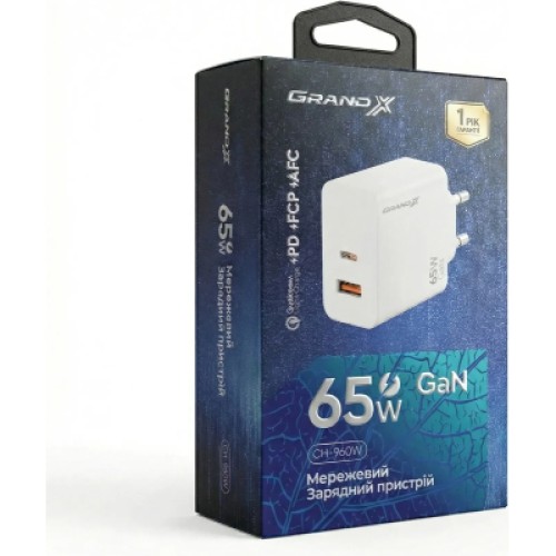Зарядное устройство Grand-X GaN 1xUSB-C + 1xUSB 65W PD3.0 QC4.0 AFC SCP FCP white (CH-960W)