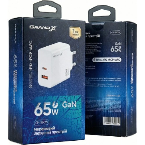 Зарядное устройство Grand-X GaN 1xUSB-C + 1xUSB 65W PD3.0 QC4.0 AFC SCP FCP white (CH-960W)