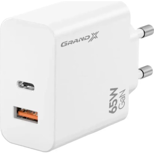 Зарядное устройство Grand-X GaN 1xUSB-C + 1xUSB 65W PD3.0 QC4.0 AFC SCP FCP white (CH-960W)