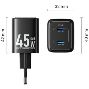 Зарядное устройство Vention 2xUSB-C PD45W GaN black (FEFB0-EU)