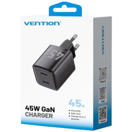 Зарядное устройство Vention 2xUSB-C PD45W GaN black (FEFB0-EU) Зарядное устройство Vention 2xUSB-C PD45W GaN black (FEFB0-EU)