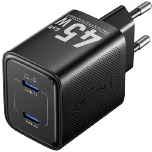 Зарядное устройство Vention 2xUSB-C PD45W GaN black (FEFB0-EU) Зарядное устройство Vention 2xUSB-C PD45W GaN black (FEFB0-EU)