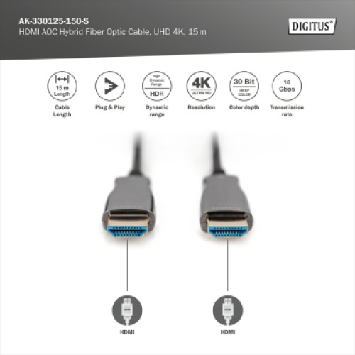 Кабель мультимедийный HDMI M to HDMI M 15m 4K AOC hybrid-fiber black Digitus (AK-330125-150-S)
