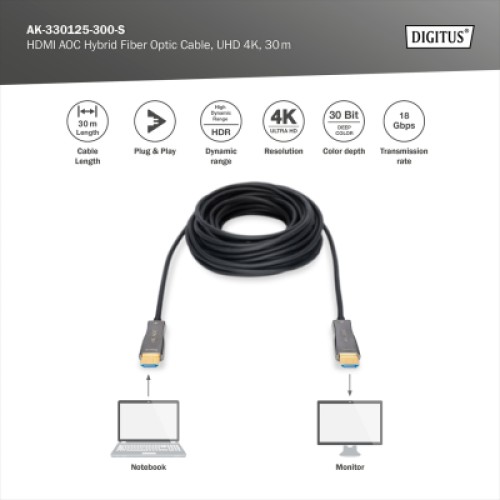 Кабель мультимедийный HDMI M to HDMI M 30m 4K AOC hybrid-fiber black Digitus (AK-330125-300-S) Кабель мультимедийный HDMI M to HDMI M 30m 4K AOC hybrid-fiber black Digitus (AK-330125-300-S)