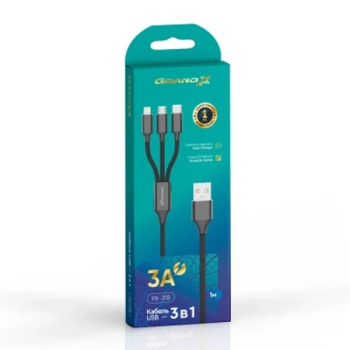 Дата кабель USB 2.0 AM to Lightning + Micro 5P + USB-C 1.0m 2.4-3A black Grand-X (PX-31B) Дата кабель USB 2.0 AM to Lightning + Micro 5P + USB-C 1.0m 2.4-3A black Grand-X (PX-31B)