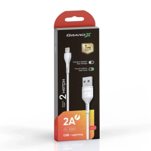 Дата кабель USB 2.0 AM to Lightning 2.0m 2A white Grand-X (PL-02W) Дата кабель USB 2.0 AM to Lightning 2.0m 2A white Grand-X (PL-02W)