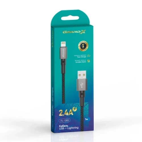Дата кабель USB 2.0 AM to Lightning 1.0m 2.4A black Grand-X (PL-08B)