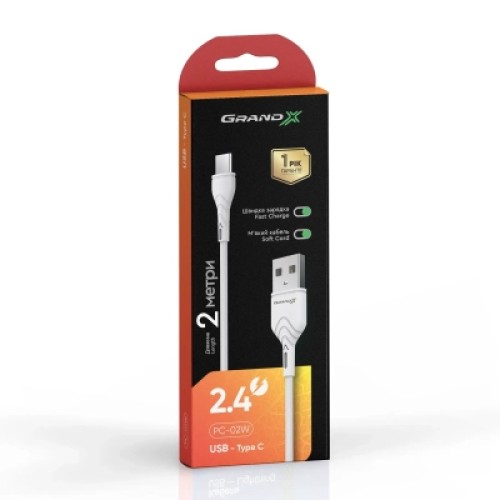 Дата кабель USB 2.0 AM to USB-C 2.0m 2.4A white Grand-X (PC-02W)
