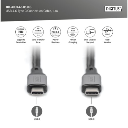 Дата кабель USB-C to USB-C 1.0m USB 4.0 black Digitus (DB-300443-010-S)