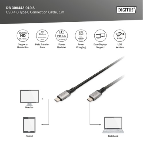 Дата кабель USB-C to USB-C 1.0m USB 4.0 black Digitus (DB-300443-010-S)