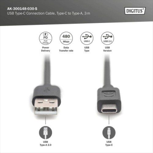Дата кабель USB 2.0 AM to USB-C 3.0m black Digitus (AK-300148-030-S)