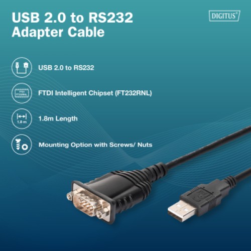 Кабель для передачи данных USB 2.0 AM to COM 1.8m DB9 RS232 FT232RNL black Digitus (DA-70172)