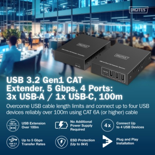 Адаптер Digitus USB extender 100 m RJ-45 to 3xUSB-A + 1xUSB-C (DA-73121) Адаптер Digitus USB extender 100 m RJ-45 to 3xUSB-A + 1xUSB-C (DA-73121)