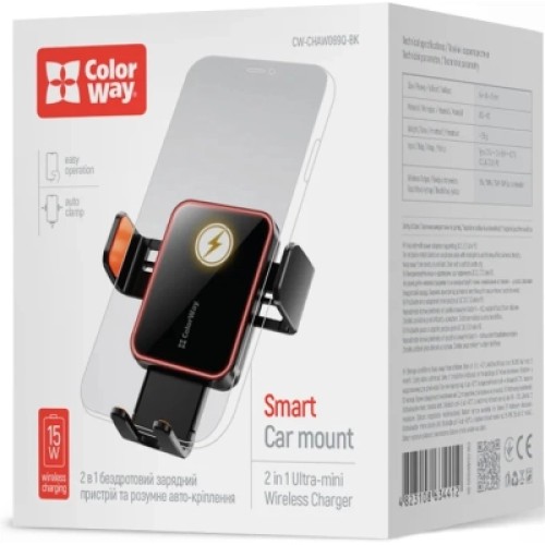 Универсальный автодержатель ColorWay Ultra-mini. автозажим, Wireless Charger 15W Black (CW-CHAW069Q-BK)