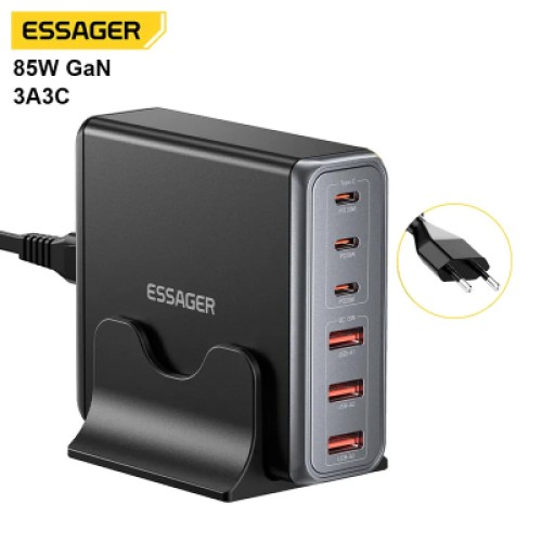 Зарядное устройство Essager 3xUSB-C + 3xUSB-A 85W GaN black (EZC85W-SXB0G-Z)