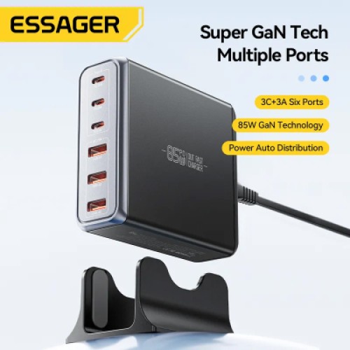 Зарядное устройство Essager 3xUSB-C + 3xUSB-A 85W GaN black (EZC85W-SXB0G-Z)