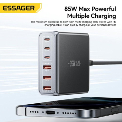 Зарядное устройство Essager 3xUSB-C + 3xUSB-A 85W GaN black (EZC85W-SXB0G-Z)