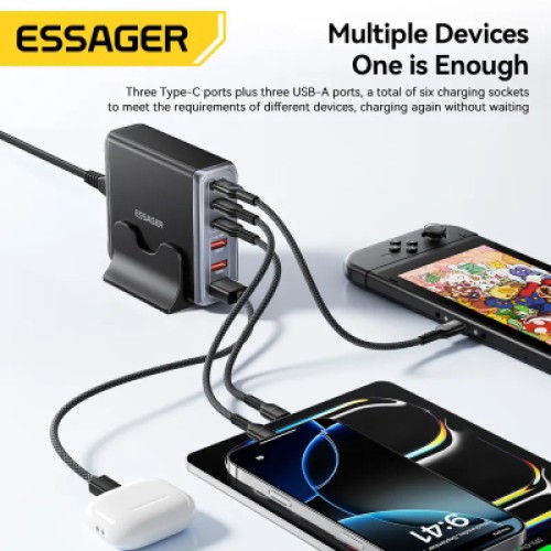 Зарядное устройство Essager 3xUSB-C + 3xUSB-A 85W GaN black (EZC85W-SXB0G-Z)