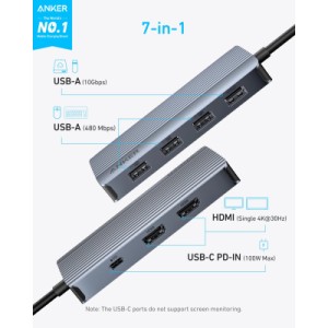 Концентратор USB-C 7-in-1 1xUSB-C PD100W + 2xHDMI + 4xUSB-A black Anker (A83740A2)