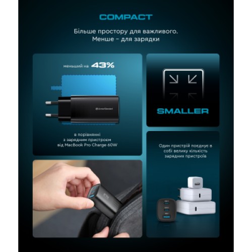 Зарядное устройство Armorstandart 2xUSB-C + 1xUSB 67W GaN black (ARM88384)