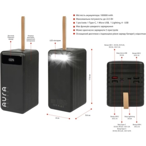 Батарея универсальная AURA NRG-P100 100000mAh 22.5W Black (PBANRG-P100B)