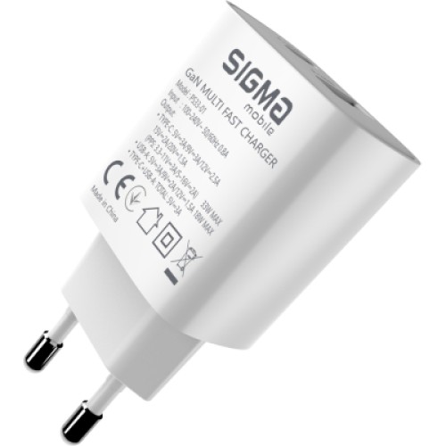 Зарядное устройство Sigma 1xUSB-C PD33W + 1xUSB QC3.0 GaN X-power PS33-01 white (4827798527719)