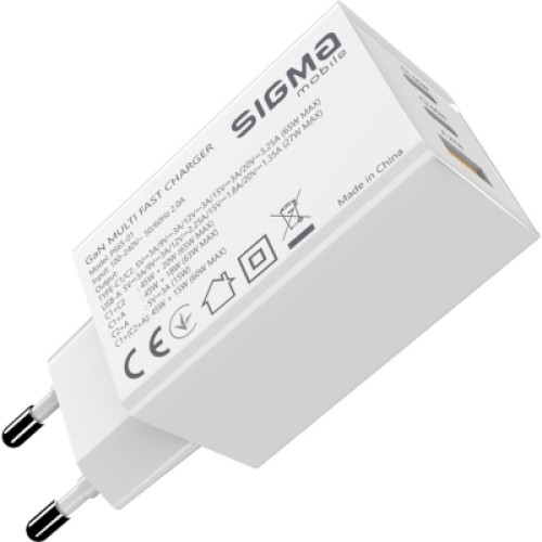 Зарядное устройство Sigma 2xUSB-C PD65W + 1xUSB QC3.0 GaN X-power PS65-01 white (4827798637715)