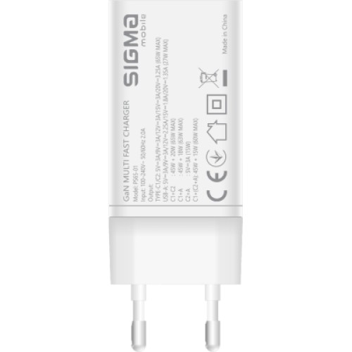 Зарядное устройство Sigma 2xUSB-C PD65W + 1xUSB QC3.0 GaN X-power PS65-01 white (4827798637715)