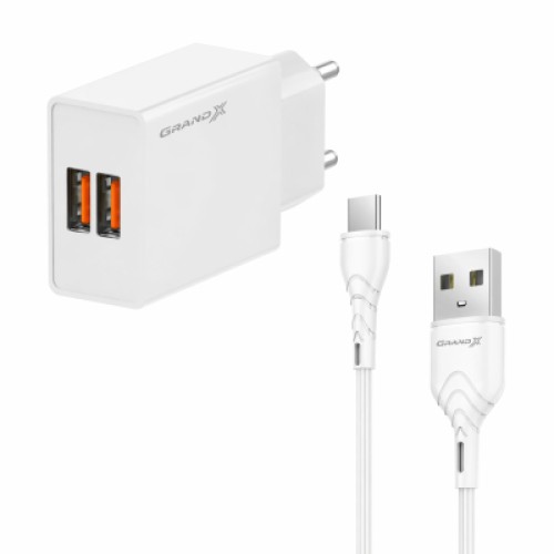 Зарядное устройство Grand-X 2xUSB 5V 2.4A + cable USB to USB-C white (CH-15WT)
