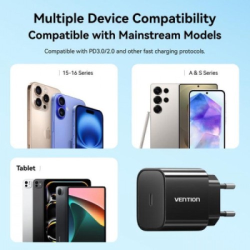 Зарядное устройство Vention 1xUSB-C PD20W + cable USB-C to USB-C black (G16B0-EU)