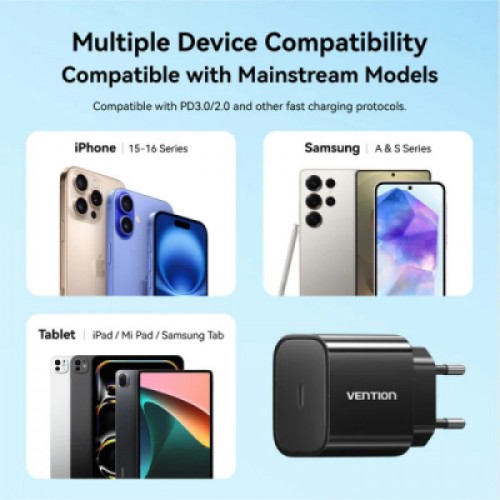 Зарядное устройство Vention 1xUSB-C PD20W + cable USB-C to Lightning black (G17B0-EU)