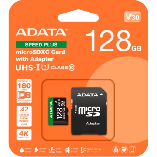 Карта памяти ADATA 128GB microSD class 10 UHS-I U3 V30 A2 Speed Plus (UD128GUI3V30A2SP-RA1)