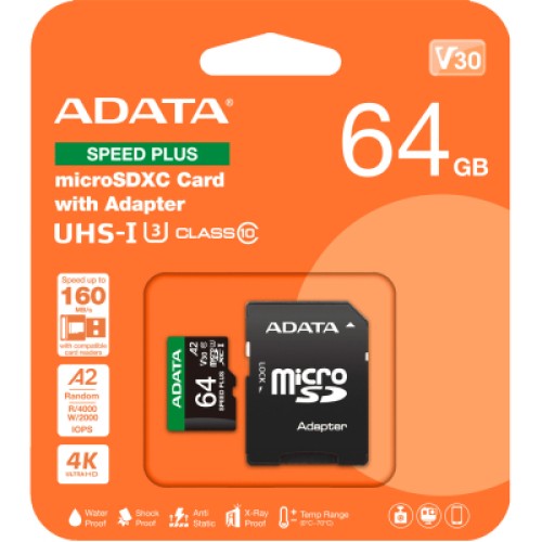 Карта памяти ADATA 64GB microSD class 10 UHS-I U3 V30 A2 Speed Plus (UD64GUI3V30A2SP-RA1)