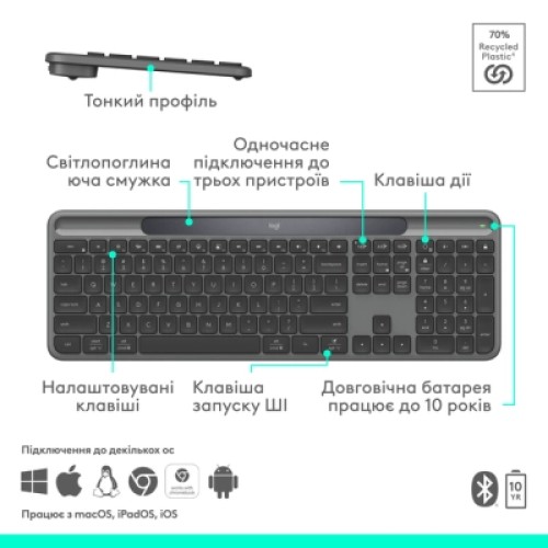 Клавиатура Logitech Slim Solar+ Bluetooth Graphite (920-013764) Клавиатура Logitech Slim Solar+ Bluetooth Graphite (920-013764)
