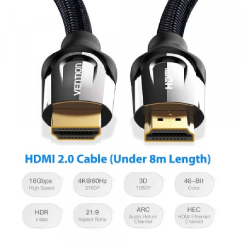 Кабель мультимедийный HDMI M to HDMI M 3.0m V2.0 4K60Hz braided zinc alloy black Vention (VAA-B05-B300)