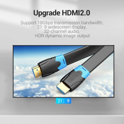 Кабель мультимедийный HDMI M to HDMI M 8.0m V2.0 4K60Hz PVC flat black Vention (AAKBK)