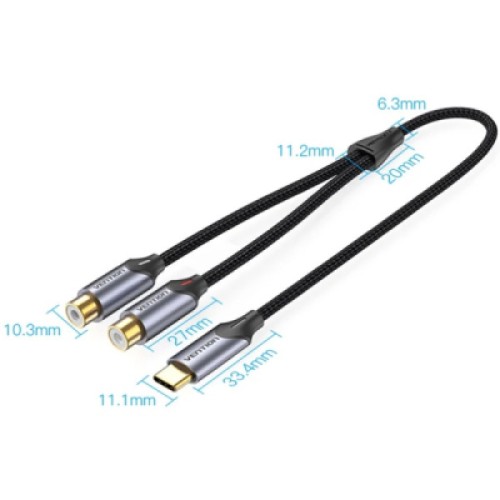 Кабель мультимедийный USB-C M to 2xRCA F 0.5m black Vention (BGVHD)